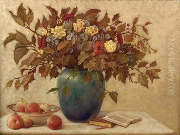 Stillleben Mit Buchern Und Apfeln Oil Painting by Josef Stoitzner