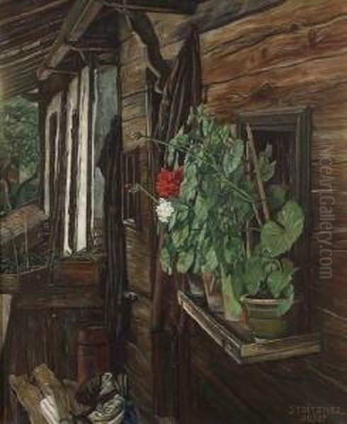 Auf Dem Balkon Eines Alten
 Bauernhauses. Oil Painting by Josef Stoitzner