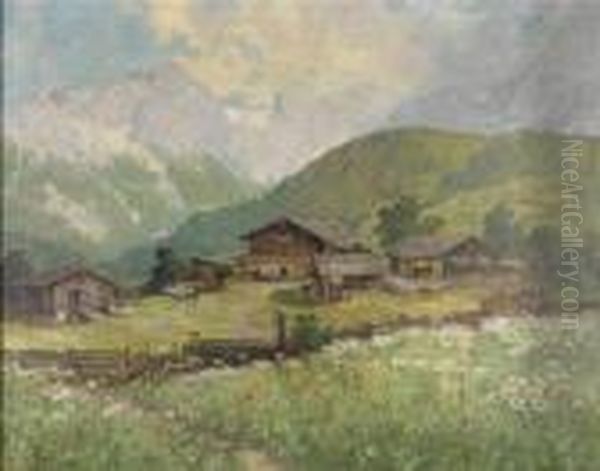 Gehoft In Dentiroler Bergen Oil Painting by Konstantin Stoitzner