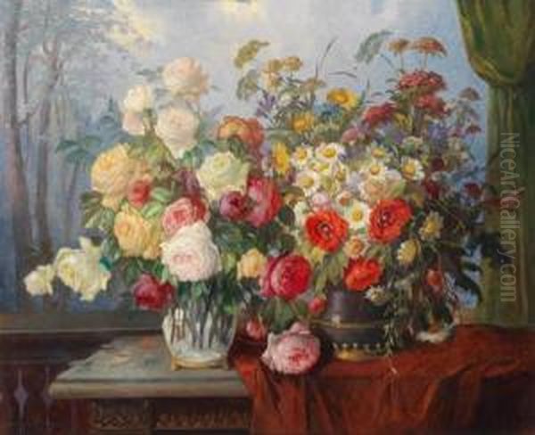 Stillebenmit Rosen- Und Wiesenblumenstraus Oil Painting by Konstantin Stoitzner