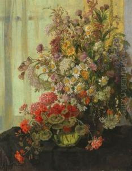 Wiesenblumenstraus Und Ein Kleiner Mit Geranien Oil Painting by Konstantin Stoitzner