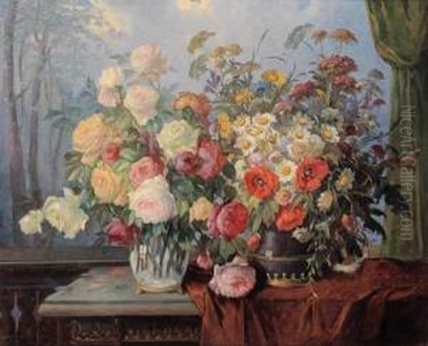 /attributed Stilleben Mit Rosen- Und Wiesenblumenstraus Oil Painting by Konstantin Stoitzner