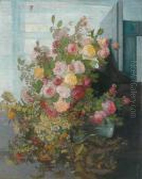 Still Life With Roses And Meadow Flowers On A Table Oil Painting by Konstantin Stoitzner