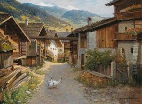 Dorfgasse Im Ob. Pinzgau Oil Painting by Konstantin Stoitzner