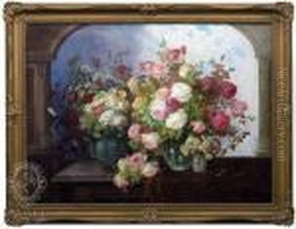 Still-lifewith Roses And Summer Flowers Decorated In Front Of A Window Oil Painting by Konstantin Stoitzner