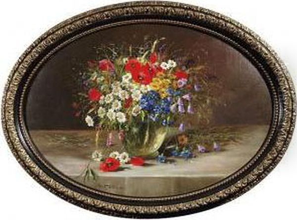 Still-lifewith Poppies, Marguerites And Foxgloves In A Vase Oil Painting by Konstantin Stoitzner