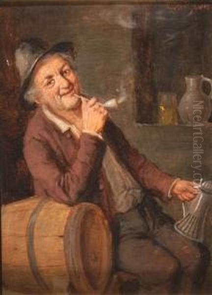 An Old Man Resting On A Barrel And Smoking A Pipe Oil Painting by Konstantin Stoitzner