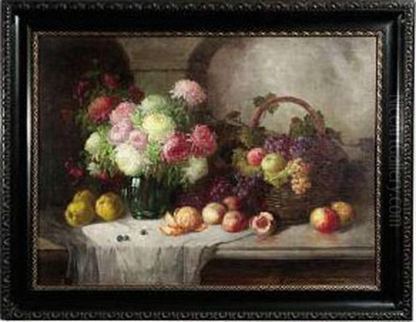 Still-lifewith Flowers And Fruits On A Table Oil Painting by Konstantin Stoitzner