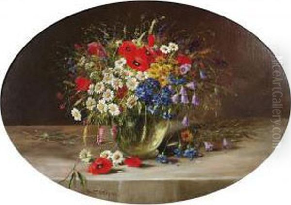 Still-life With Poppies, Marguerites And Foxgloves In A Vase Oil Painting by Konstantin Stoitzner