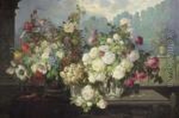 Still-life With Three Bouquets On A Table In Front Of A Terrace. Oil/canvas, Signed Oil Painting by Konstantin Stoitzner