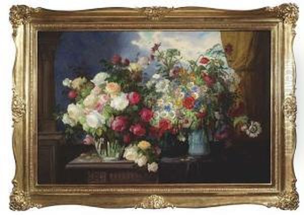 Still-life With Three Bouquets In Front Of A Window. Oil/canvas, Signed Oil Painting by Konstantin Stoitzner