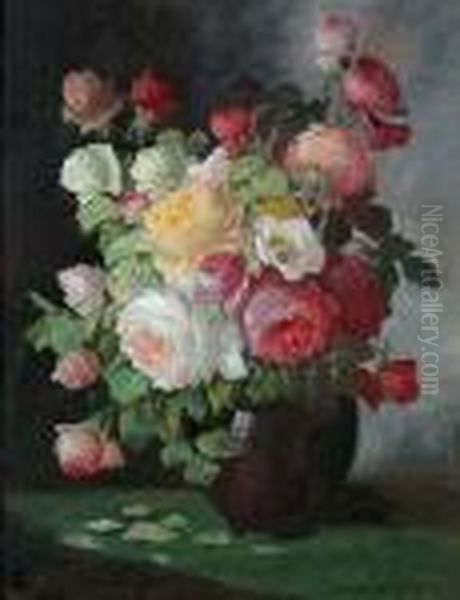 Still Life Of Roses In A Vase, On A Table Oil Painting by Konstantin Stoitzner