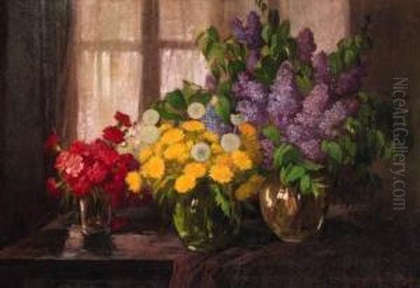 Carnations, Dandelions And Lilac In Vases On A Partially Drapedtable Oil Painting by Konstantin Stoitzner