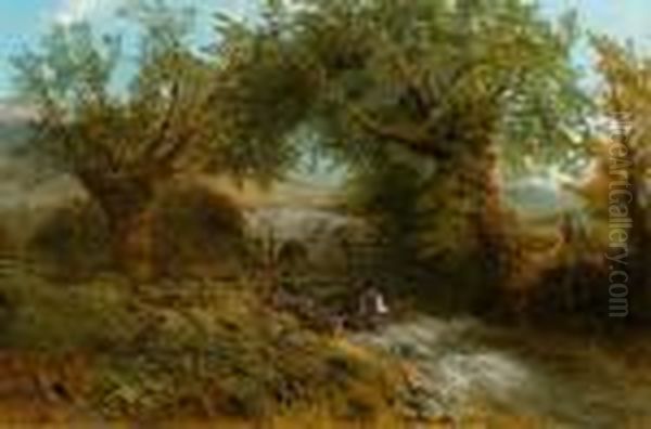 Summer Landscape With Stream And Trout Fisherman. Oil Painting by Adrian Scott Stokes