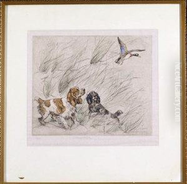 Two Setters And A Mallard - Colour Drypoint Etching Oil Painting by George Vernon Stokes