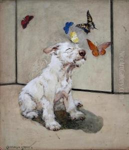 White Terrier And Butterflies Oil Painting by George Vernon Stokes