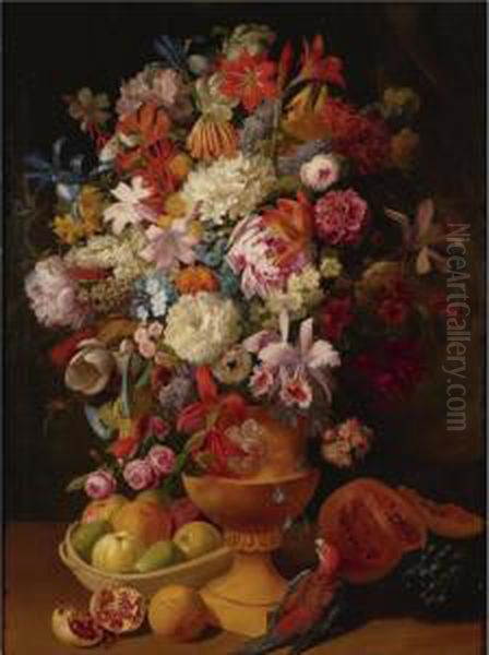 Still Life With Flowers, Fruit And Parrot Oil Painting by Leopold Stoll