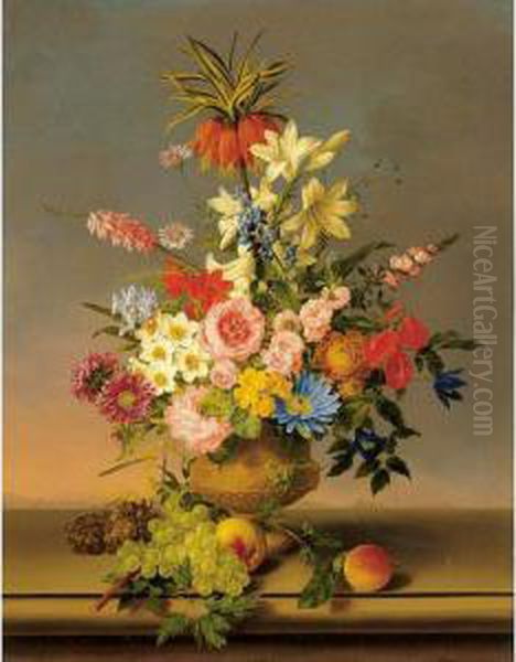 Still Life Of Various Flowers In
 A Vase With Bunches Of Grapes And Peaches, All Resting On A Ledge With A
 Landscape Beyond Oil Painting by Leopold Stoll