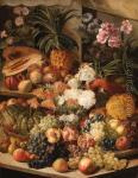 An Opulent Still Life Of Flowers, Fruit And A Parrot Oil Painting by Leopold Stoll