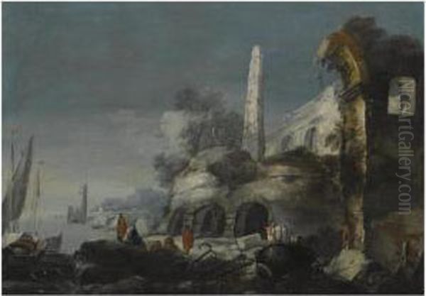 A Capriccio Coastal Scene With Figures By Ruins In The Foreground Oil Painting by Antonio, Tonino Stom