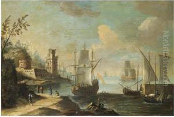 A Mediterranean Harbour Scene With Figures On A Path In The Foreground, A Fort Beyond Oil Painting by Antonio, Tonino Stom