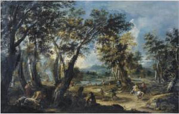 Landscape With A Stag Hunt Oil Painting by Antonio, Tonino Stom