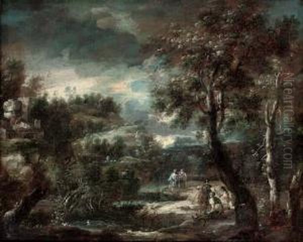 A Wooded River Landscape With Soldiers In Armour Resting Oil Painting by Antonio, Tonino Stom