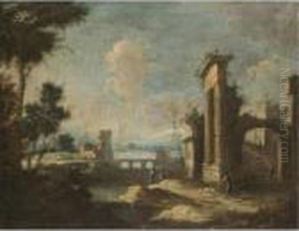 An Italianate River Landscape With Pastoral Figures Amongst Classical Ruins Oil Painting by Antonio, Tonino Stom