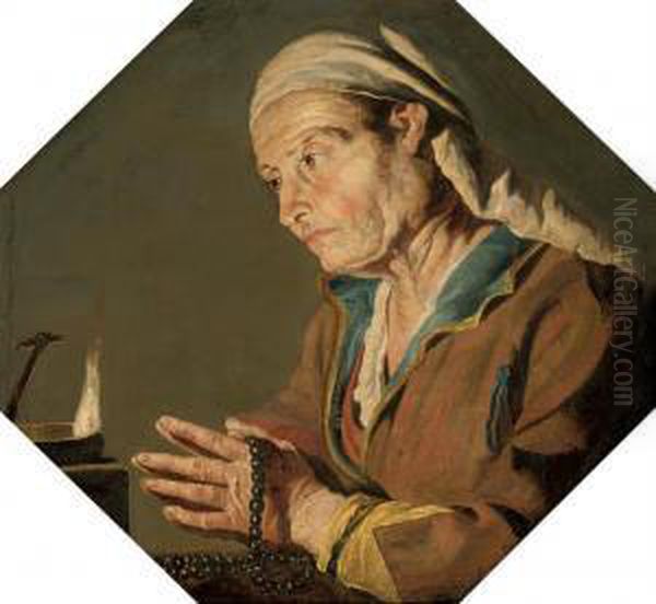 An Old Lady Telling Beads By Candlelight Oil Painting by Matthias Stomer