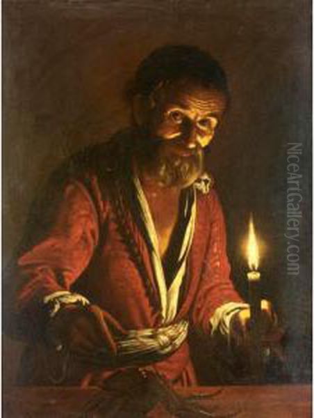 A Nocturnal Scene With A Man Holding A Candle, Pointing To A Crab On A Table Oil Painting by Matthias Stomer