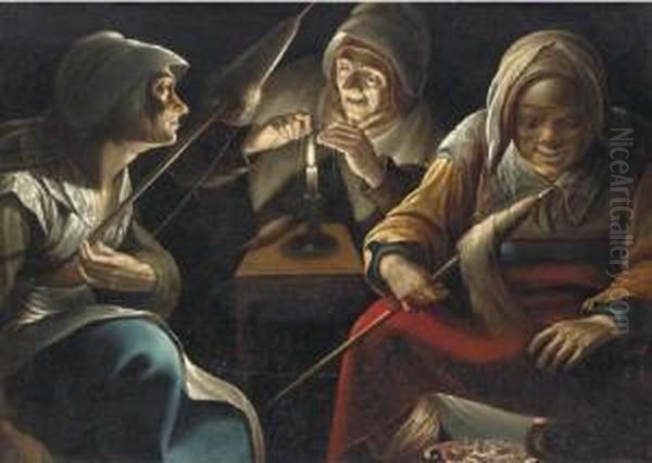 Three Women Working Wool Oil Painting by Matthias Stomer