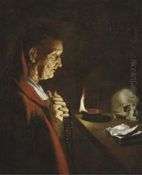 An Old Woman At Prayer Oil Painting by Matthias Stomer