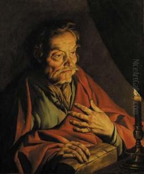 Saint Matthew By Candlelight Oil Painting by Matthias Stomer