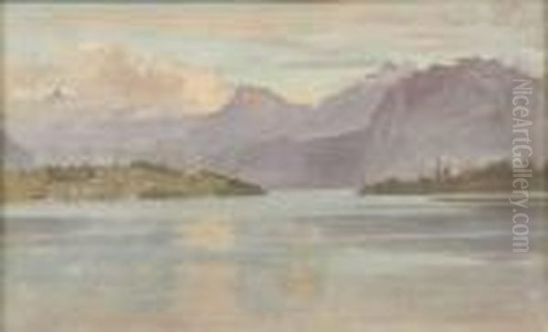 Lake View With Mouintains,
 Gouache On Paper 
- Sight: 6 In. X 10 1/4 In Oil Painting by Marcus Stone