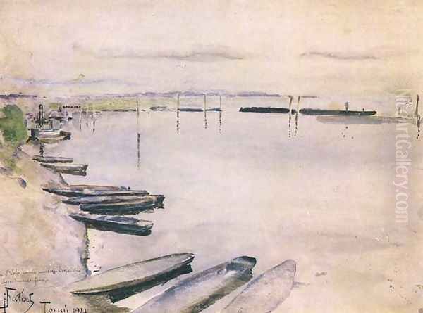 Boats on Banks of Vistula River Oil Painting by Julian Falat