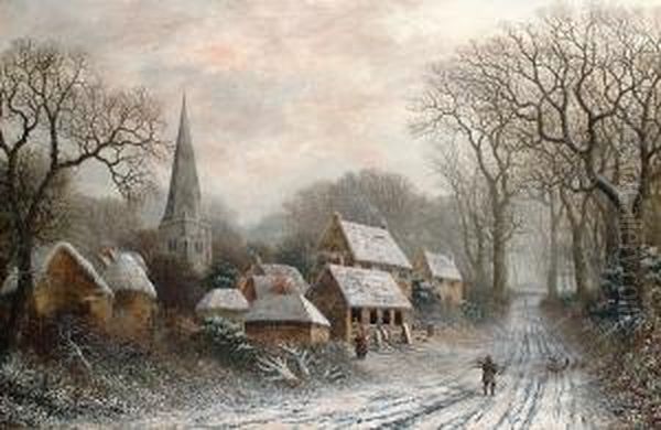 A Winter Landscape With Cottages Oil Painting by William Stone