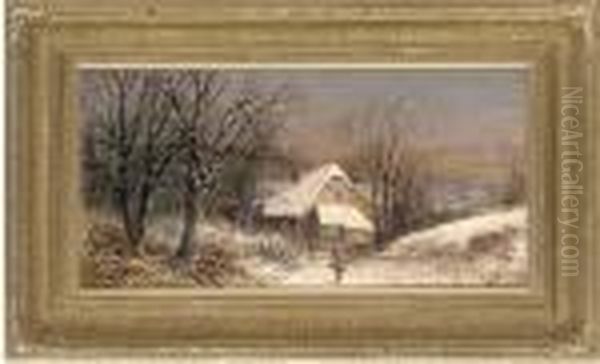 A Faggott Gatherer Before A Cottage In A Winter Landscape Oil Painting by William Stone