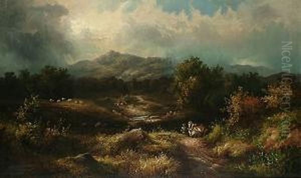 A Extensive Landscape With A Horse And Cart On A Lane, Mountains Beyond Oil Painting by William Stone