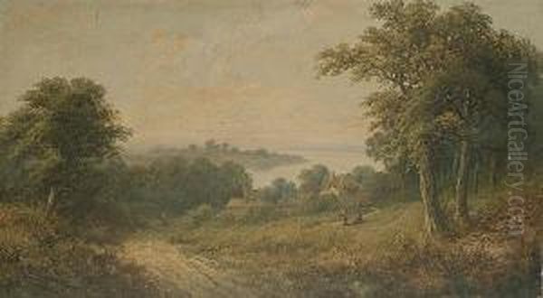 Figures Before A Cottage In A 
Landscape, An Estuary Beyond; And A Figure On A Track In A Landscape Oil Painting by William Stone