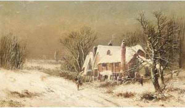 Cottage In Winter, Near Warwick Oil Painting by William Stone