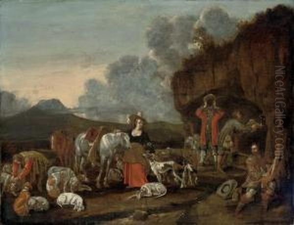 A Hunting Party At Rest In A Rocky Landscape Oil Painting by Dirck Willemsz. Stoop