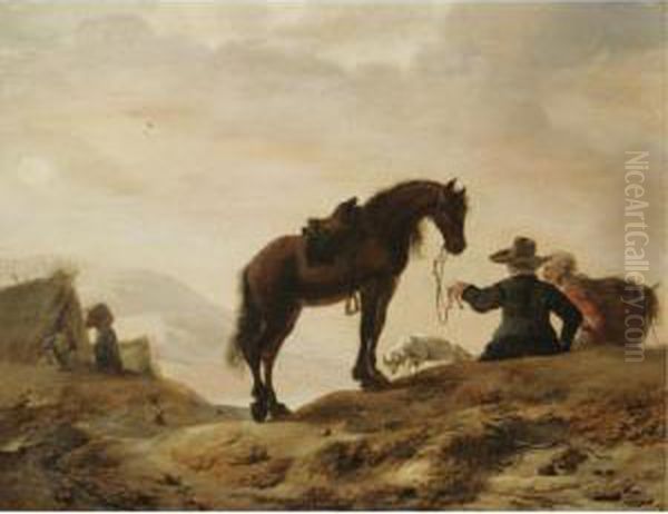 A Landscape With A Cavalier Resting With His Horse And Dog Oil Painting by Dirck Willemsz. Stoop