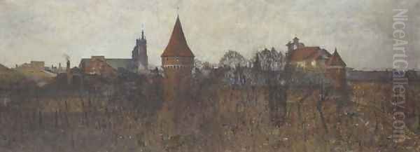 City Walls with the Basilica of the Virgin Mary in the Background, Cracow Oil Painting by Julian Falat