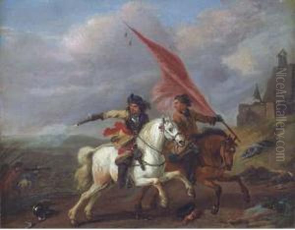 Cavalrymen Protecting The Flag, A Skirmish Beyond Oil Painting by Dirck Willemsz. Stoop