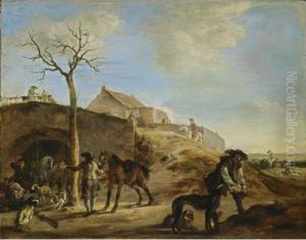 A Landscape With Huntsmen 
Preparing For The Hunt, Together With Their Hounds And Horses, A Stone 
Bridge With Figures Nearby, With A Fortified House In The Background Oil Painting by Dirck Willemsz. Stoop