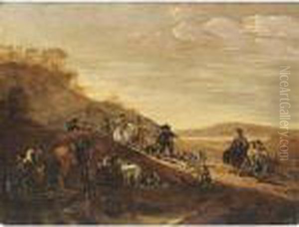 A Hilly Landscape With Sportsmen, Horses And Hounds Resting After The Hunt Oil Painting by Dirck Willemsz. Stoop