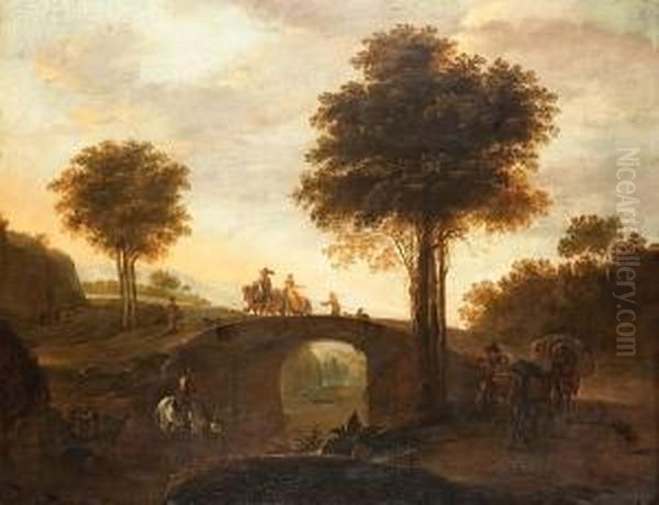 An Italianate River Landscape 
With A Muleteer On A Track And A Horseman Watering His Horse, Travellers
 Crossing A Bridge Beyond Oil Painting by Dirck Willemsz. Stoop