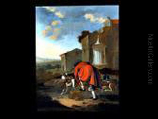 Jager Mit Hunden In Italinisierender Phantasie-landschaft Oil Painting by Dirck Willemsz. Stoop