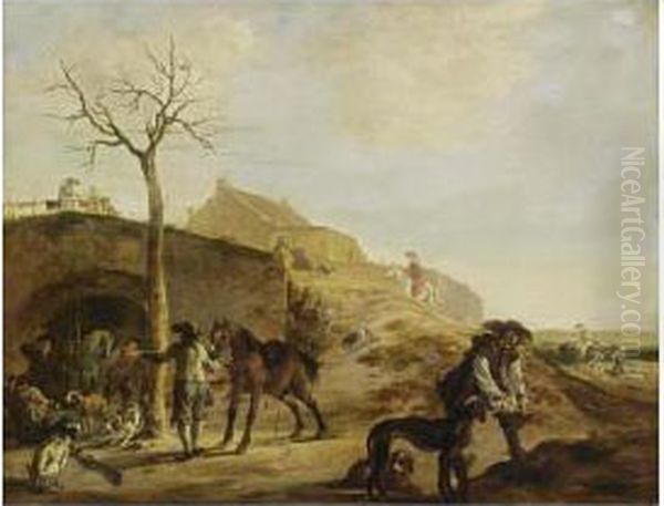 Sportsmen Preparing For The Hunt, Together With Dogs And Horses Oil Painting by Dirck Willemsz. Stoop