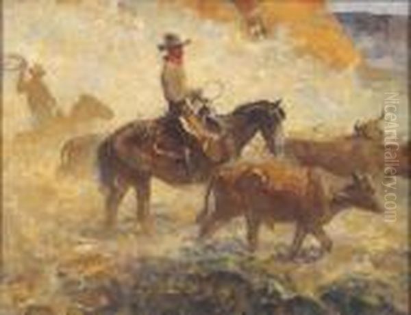 Illustration: A Dusty Cattle Drive. Oil Painting by Herbert Morton Stoops